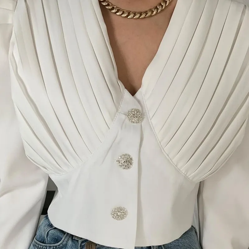 

Korean Fashion Chic Blouse Pleated V-neck Puff Sleeve Shirt 2021 Spring Causal Single Breasted Short Blusas Top