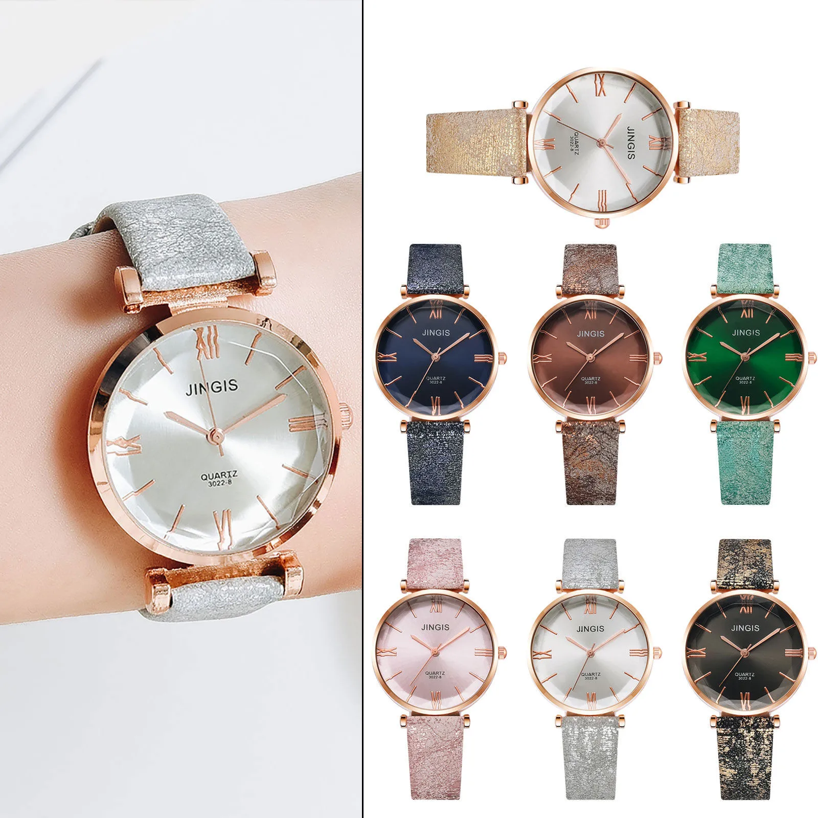 

JINGIS Korean Wristwatches reloj mujer Leisure Travel Style Exquisite Ladies Sweet Quartz Watch relgio Elegant Leather Strap