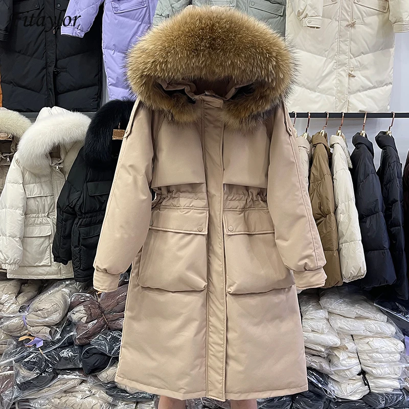 Fitaylor Женское пальто с натуральным мехом енота зимняя куртка на 90% белом утином