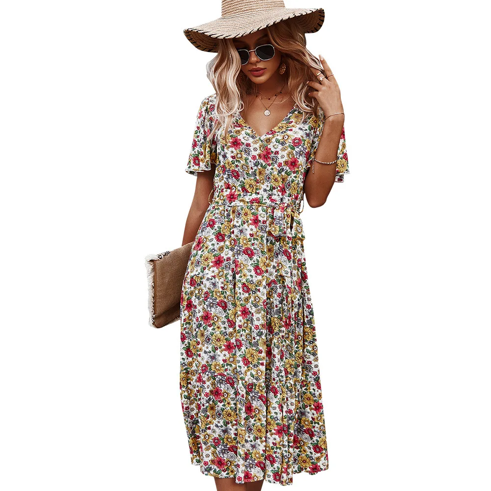 

Beach Casual Printed V-Neck Short Sleeve Dress High Waist Summer Women Sundress 2021 Fashion Outfit Ladies Midi dress Vestidos