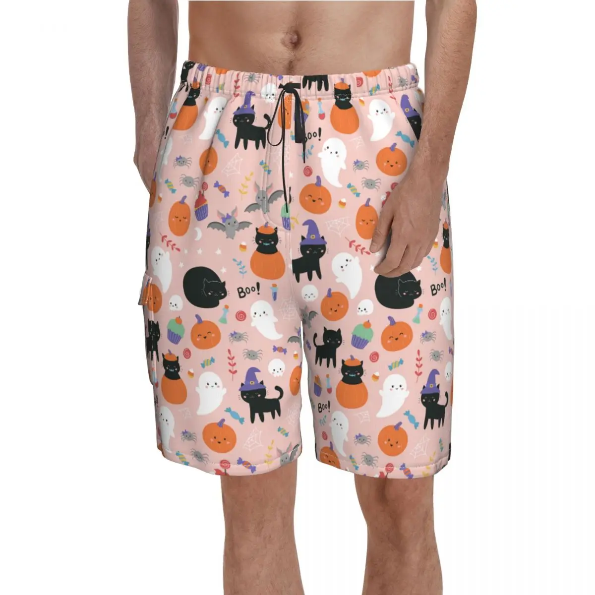 

Halloween Spooky Cat Pumpkin Board Shorts Cute Funny Bathing Swimming Trunks Polyester Men Swim Trunks