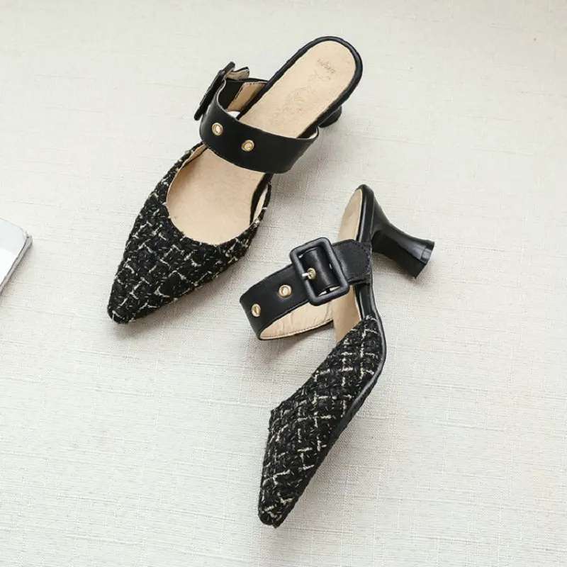 

Sianie Tianie 2020 summer plaid checked gingham fashion woman high heels slides mules big size 33-48 buckle strap women sandals