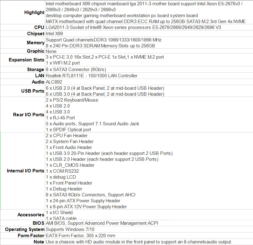 X99 чипсет Материнская плата Intel с LGA 2011-3 гнезда поддерживает процессоры Intel Ксеон E5-2678/2669/2649/2629/2696 v3