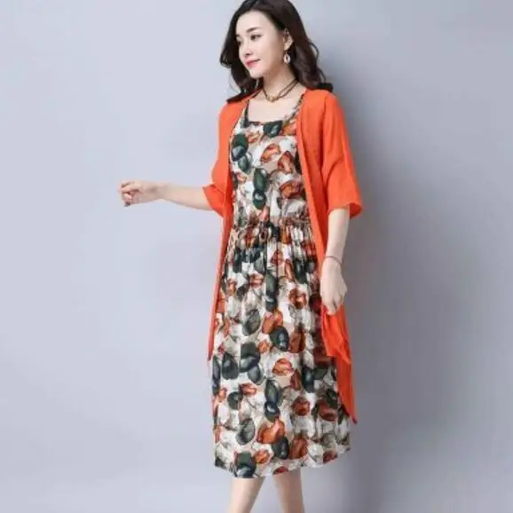 Женский летний кардиган хлопковое льняное платье 2 предмета Ретро стиль длинные