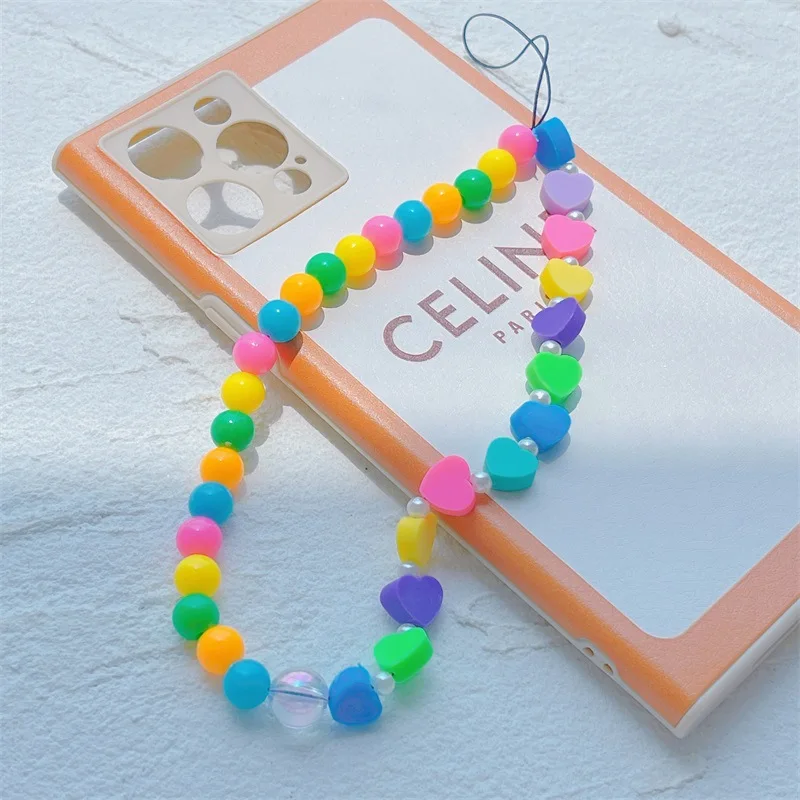 

Fashion Colorful Round Ball White Imitation Pearl Beads Love Heart-Shaped Mobile Phone Accessories Women's Lanyard Chain Jewelry