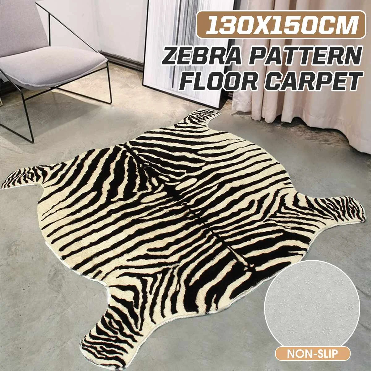 

130x150cm Soft Faux Zebra Print Rug Animal Printed Carpet Antiskid Mat Throw Rug for Living Room Tile Lounge Room Office