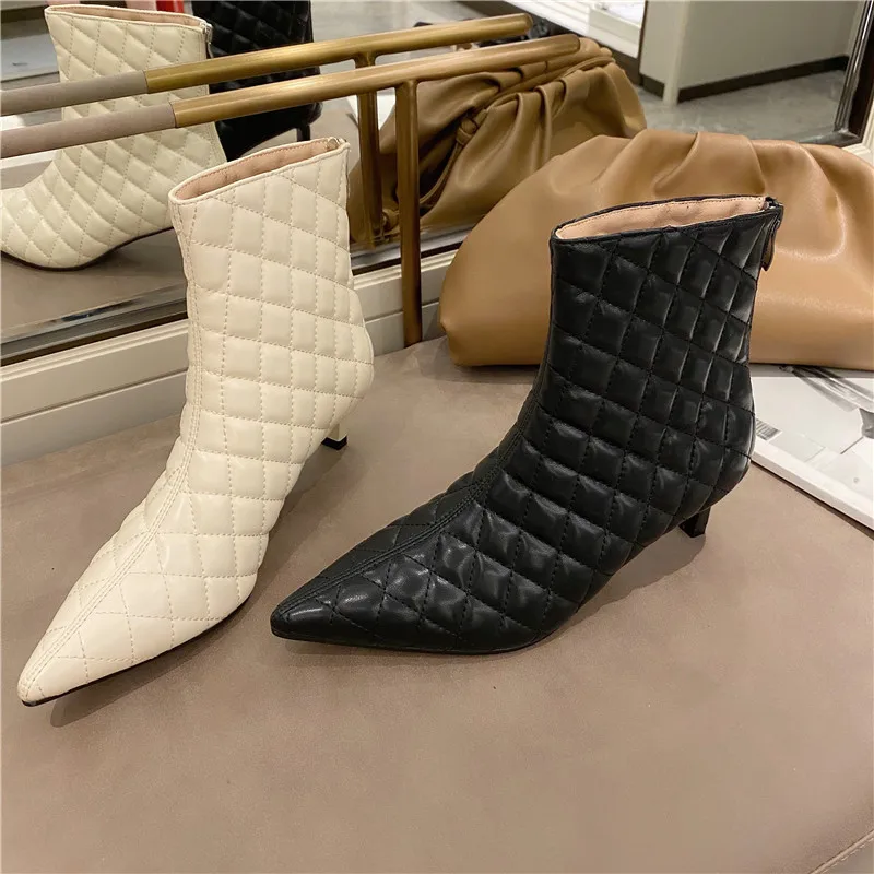 

Timalina Women Ankle Boots Pointed Toe Back Zipper Fashion Short Boots Thin Mid Heels Black/Beige Winter Boots Woman Shoes