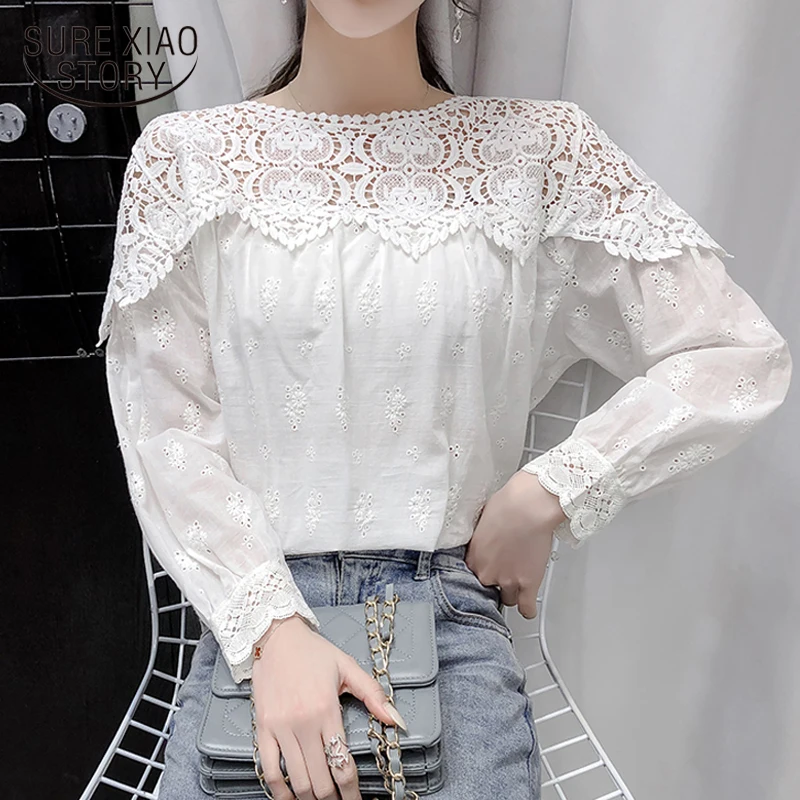 

Spring Lace Hollow White Blouse Women New Plus Size Cotton Vintage Shirts Female Casual Office O Neck Splicing Tops Blusas 13293