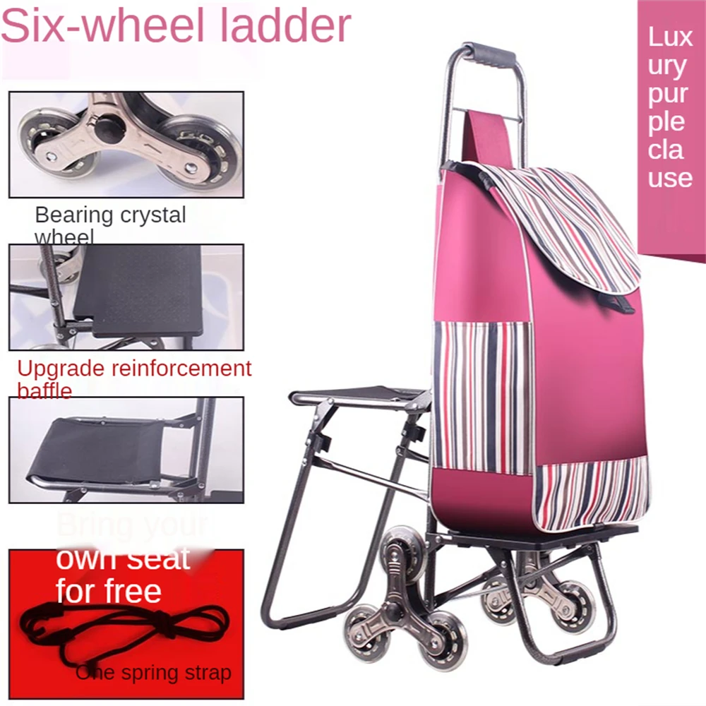 

Seat Shopping Cart with Grocery Bags Stair Climbing Tri-Wheel Metal Utility Trolley Dolly with Foldable Chair