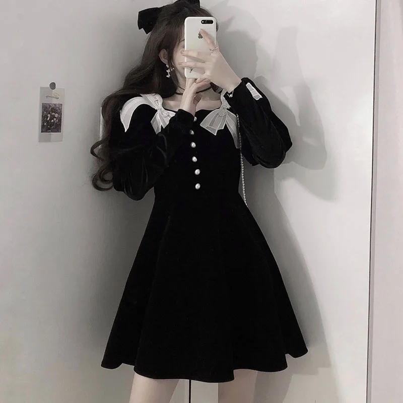 

Japanese Harajuku Vintage Gothic Punk Style Women Dress Spring 2021 New Black Regular Square Collar Bow Corduroy Women Dress