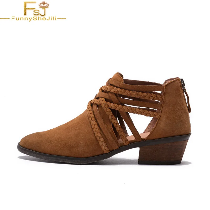 

Brown Braided Ankle Boots Med Chunky Heels Woman Almond Toe Booties Zip Large Size 13 15 Ladies Fashion Cutout Strap Shoes FSJ
