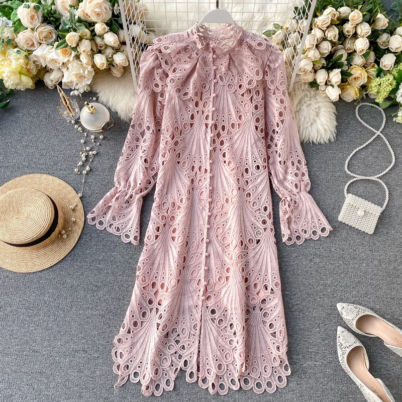 

Romantic vintage court Style Lace Dress Spring Design Hollow out High quality stand-up collar breasted Slim Long Lace Shirt Dres