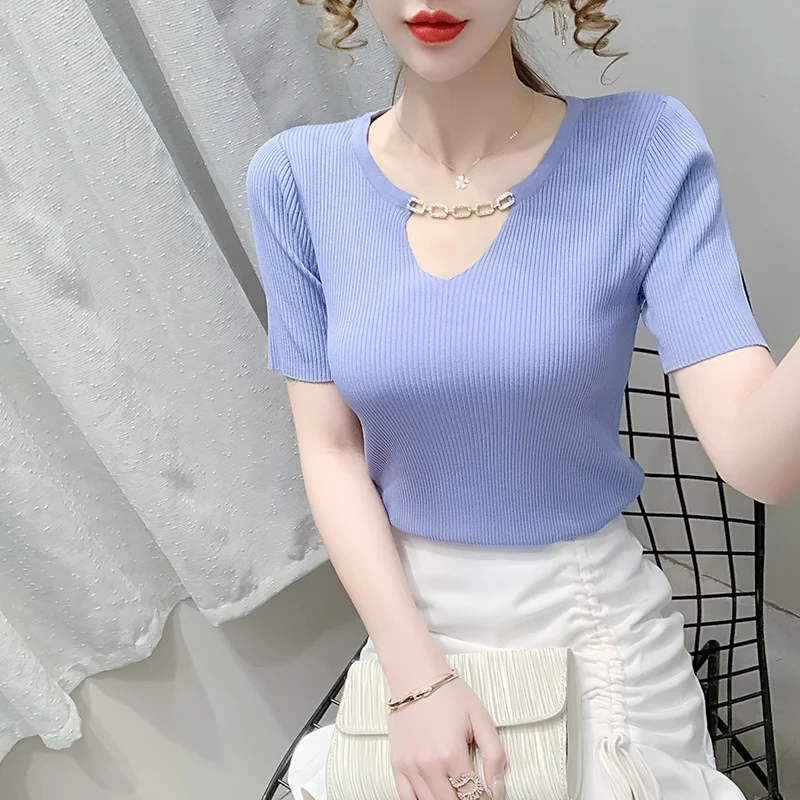 

Solid Color Short-Sleeved T-shirt for Women 2021 Summer New Design Sense V-neck Korean Style Slim Fit Slimming Versatile
