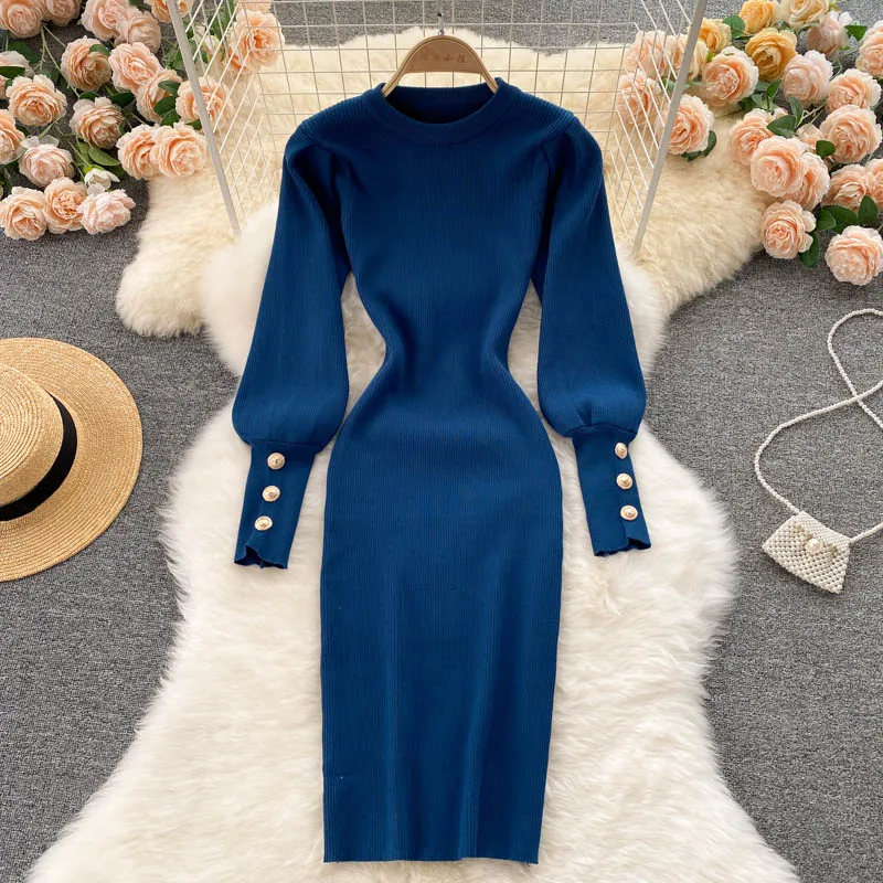 

Croysier Winter Dress Women Clothing Crew Neck Puff Long Sleeve Ribbed Knitted Dress Office Elegant Button Mini Bodycon Dress