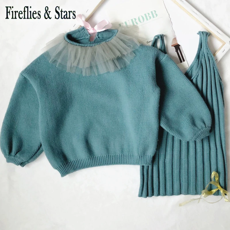 Весенне-осенний Детский свитер + вязаное платье комплект из 2 предметов для