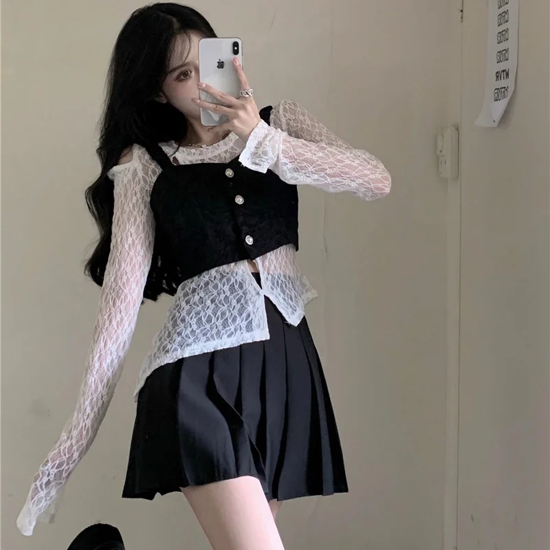 

Blouse White Lace Bottoming Shirt Women New Summer Design Sense Crochet Hollow Hot Girl Irregular Top