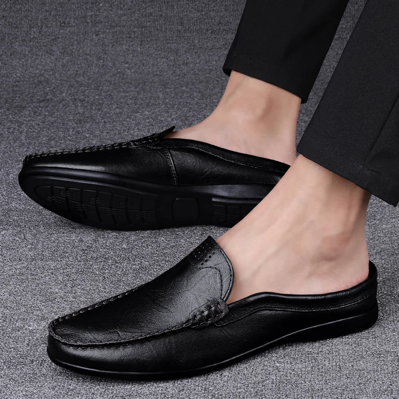 

Men Slippers fashion luxury half shoes for men Casual shoes genuine leather Loafers zapatillas hombre sapato social masculino