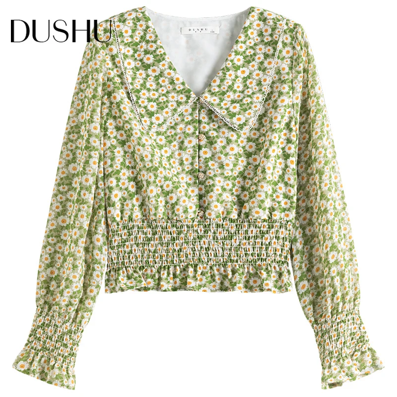 

DUSHU Plus size floral print chiffon blouse shirt Women flare sleeve v neck button up shirt Spring summer v neck sexy top female