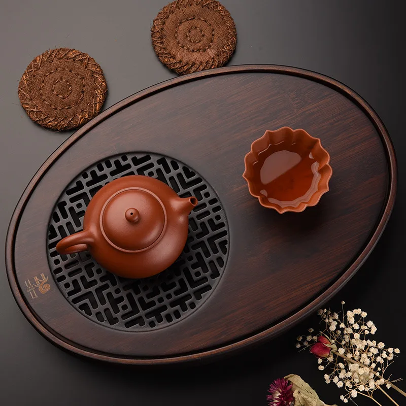 

Bamboo Tea Tray Water Storage Oval Tea Borad Kung Fu Tea Set tea Table Retro Window Grille Design Large-capacity Water Storage