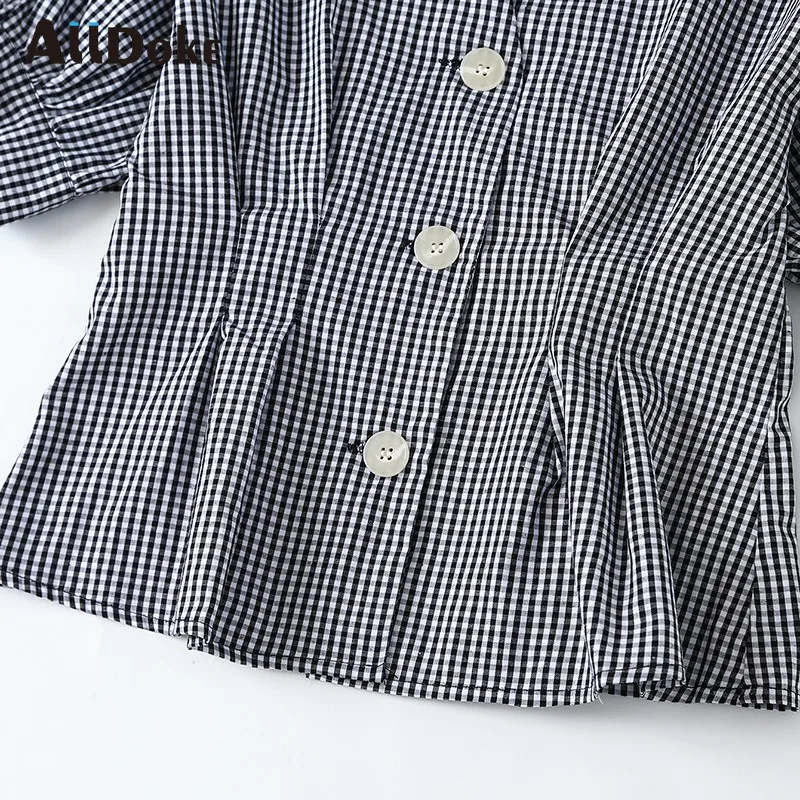 

ALLDOKE summer plaid printed blouse women V-neck lace up bow sleeve shirts casual button tops 2020 blusas feminina