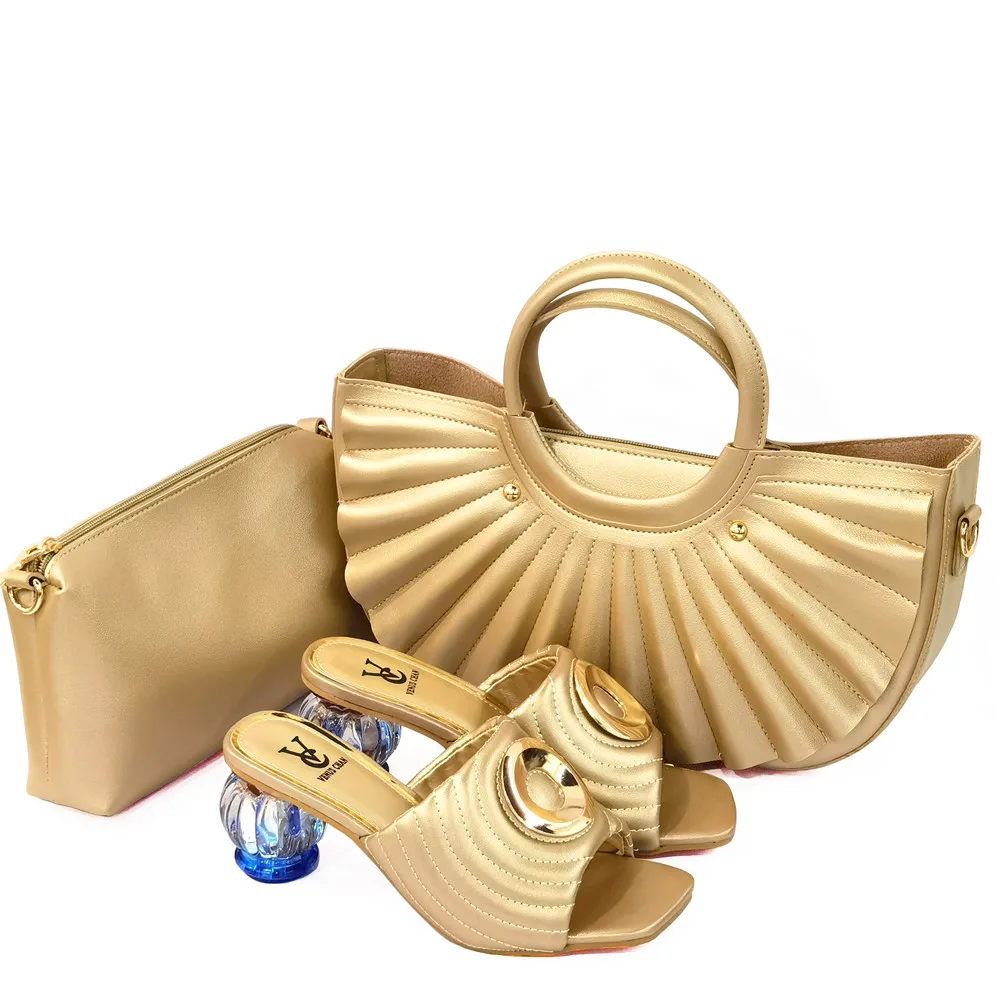 

golden color Italian Design African Party Women Shoes and Bag Set Decorated With Many Shape Colorful Rhinestone