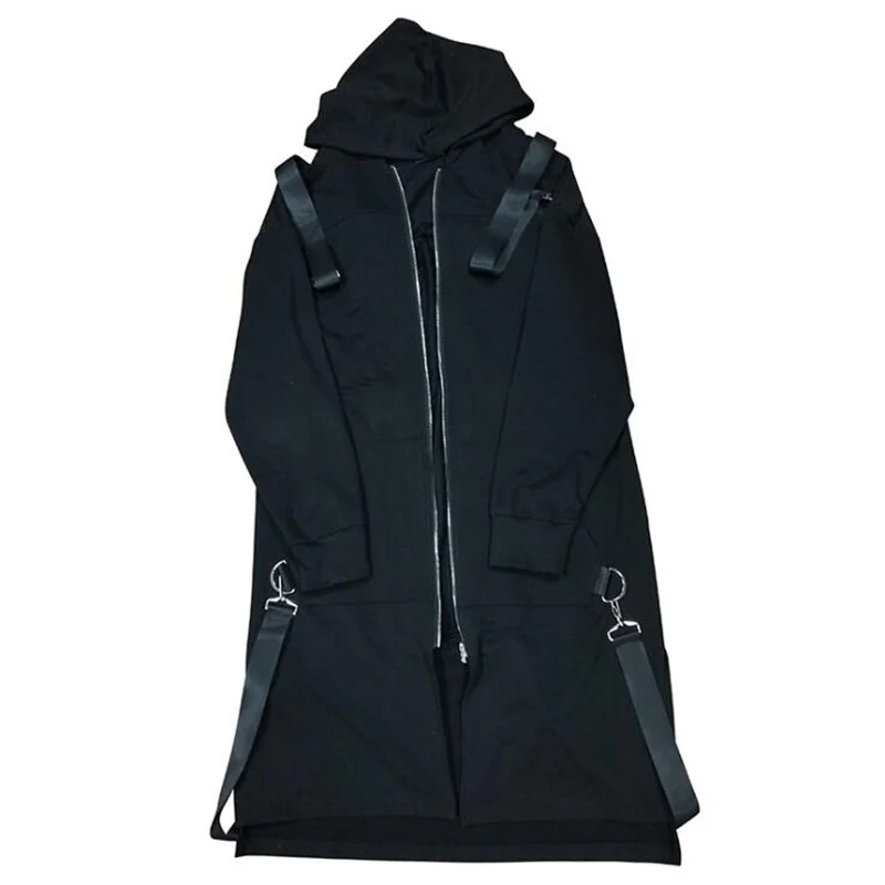 

Spring autumn men ribbons patchwork punk hip hop long trench coat hooded cloak men black zipper techwear long jacket overcoat