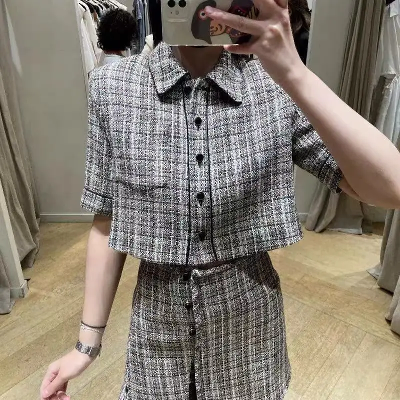 

Women Skirt 2021 Early Autumn Lapel Button-breasted Plaid Short-sleeved Suit Top Half Skirt
