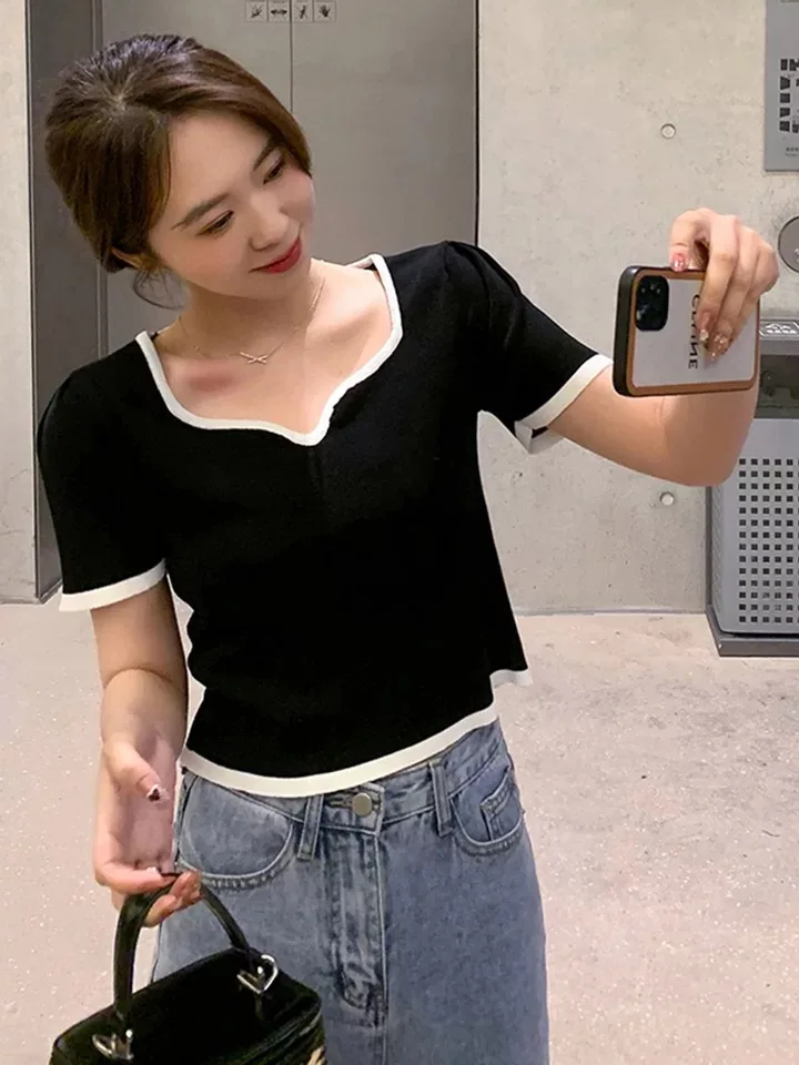 

Summer 2021 short sleeve t shirt black Women Top Garment