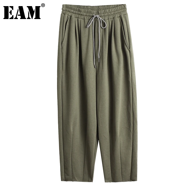 

[EAM] High Elastic Waist Green Brief Long Harem Trousers New Loose Fit Pants Women Fashion Tide Spring Autumn 2022 1DE4110