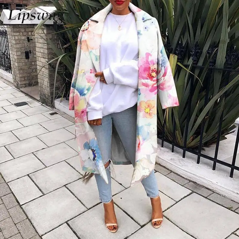 

Winter Loose Long Tweed Outerwear Fashion Women Fun Print Turn-down Collar Coats Autumn Elegant Office Lady Long Sleeve Jackets