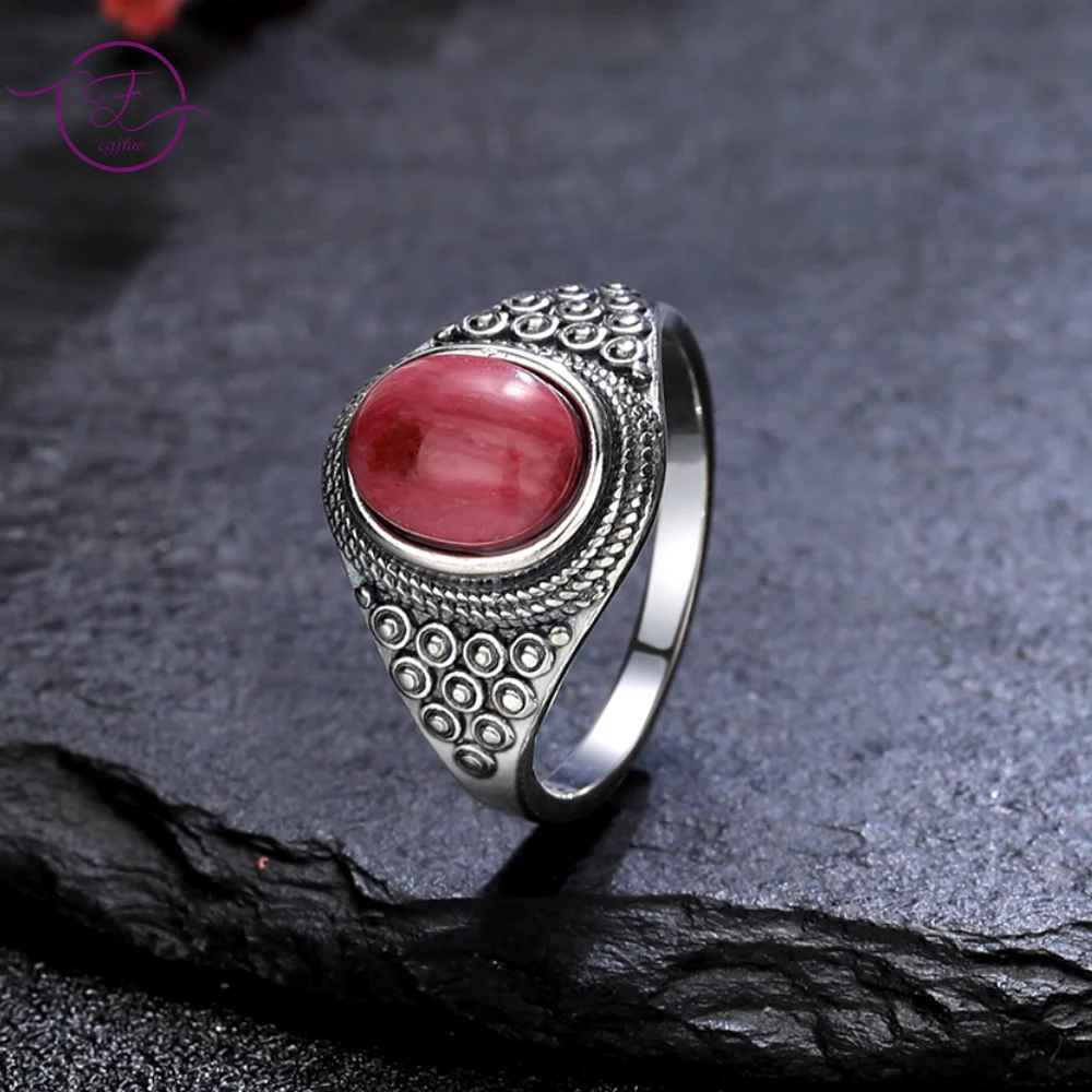 

Natural Oval Rhodochrosite Stone Sterling Silver 925 Ring Jewelry Vintage Tiger's Eye Rings for Women Men Luxury Party Gift