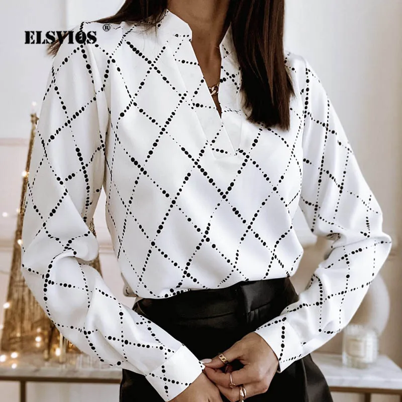

Spring Autumn Women Long Sleeves Fashion Casual Printed Shirts Sexy New V Neck Loose Pullover Commute Elegant Office Lady Blouse