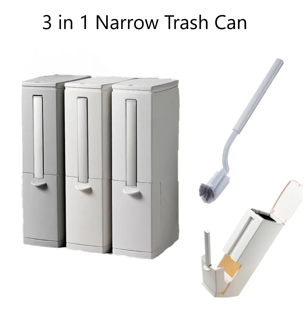 

3 in 1 Narrow Trash Can with Toilet Brush Set Bathroom Plastic Waste Bin Kitchen Dustbin Garbage Storage Organizer Eco-friendly