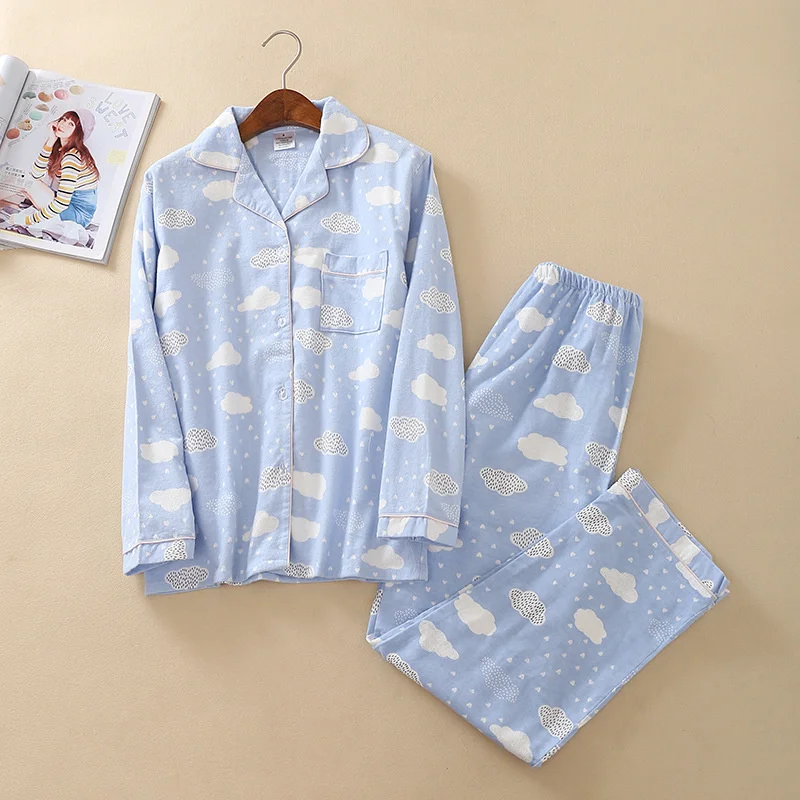 

JULY'S SONG Woman Cotton Printing Pajamas Long Sleeves Women's Trousers Pajamas Set Casual Large Size Soft Sleepwear Suit