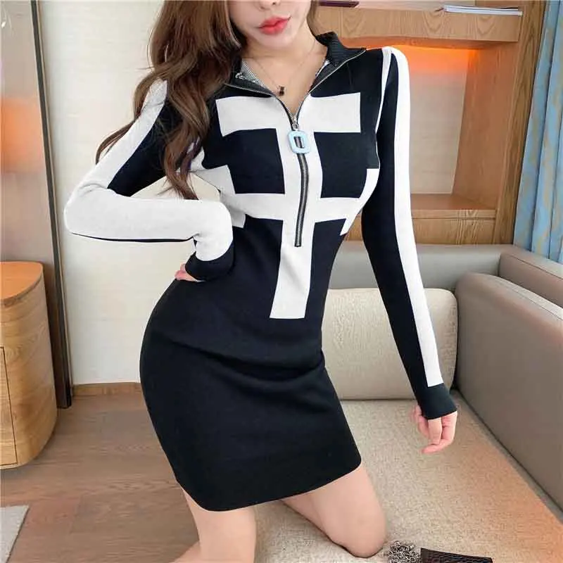 

One-Piece Korean Spring Autumn New Dress Women Fashion Zipper Knitted Sheath Dress Bodycon Elegant Simple Pencil Dress Vestidos