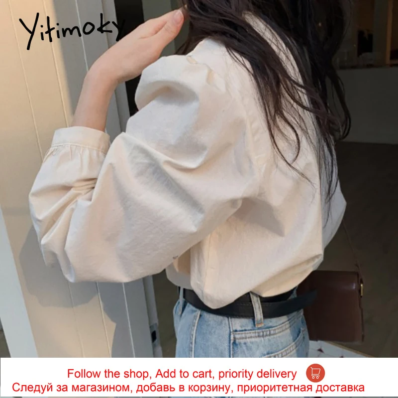 

Yitimoky Button Up Shirt Women Ruffles Blouses Puff Sleeve V-Neck Casual Shirts Solid Tops Spring 2021 Korean Fashion New