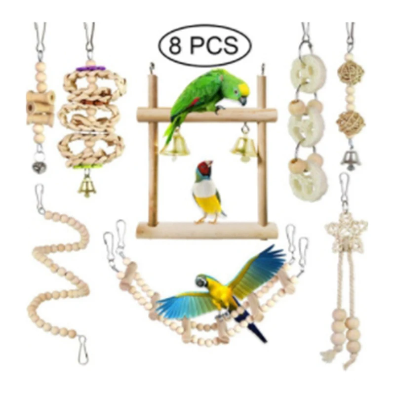 

8 Pcs Set Bird Parrot Swing Chewing Toys-Natural Wood Bird Climbing Hanging Cage Toys Suitable for Small Parakeets Cockatiels Co