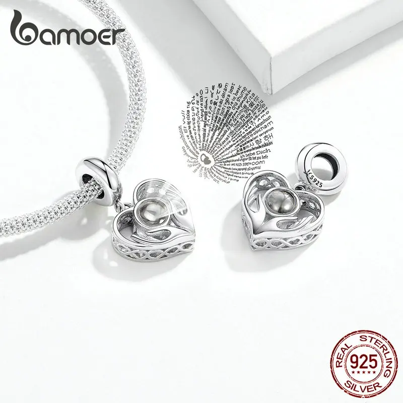 Bamoer 100 язык I Love You сердце Подвеска Шарм для браслета или ожерелья 925 пробы Серебряные Ювелирные изделия Подарки для девочек SCC1307