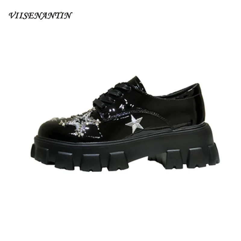 

Patent Leather Embroidered Five-pointed Star Rhinestone Platform Platform Shoes Women Leather Casual All-match Leather Shoes