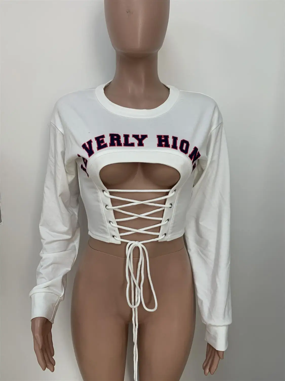 

Letter Print Hollow Out Lace Up Streetwear T-Shirt Hooded Autumn Female Crop Tops Women Hoodies Casual Long Sleeve Shirt