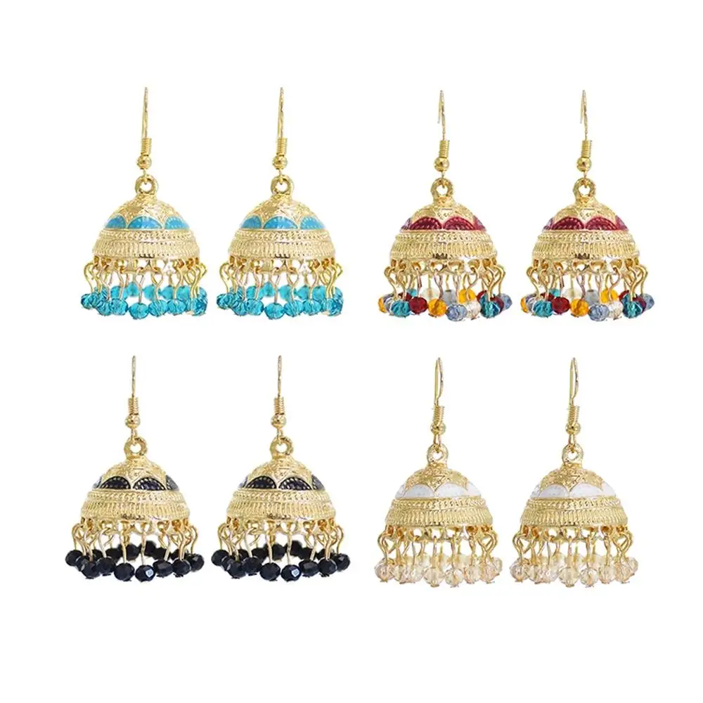 

Bollywood Oxidized Crystal Beads Indian Jhumka Earrings for Women Vintage Ethnic Gold Big Bell Pendant Earrings Afghan Jewelry