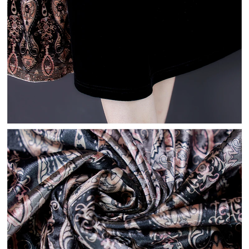 

New Print Black Velvet Patchwork Plus Size Vintage Midi Dresses Spring Autumn Casual Dress Elegant Women Bodycon Party Vestidos
