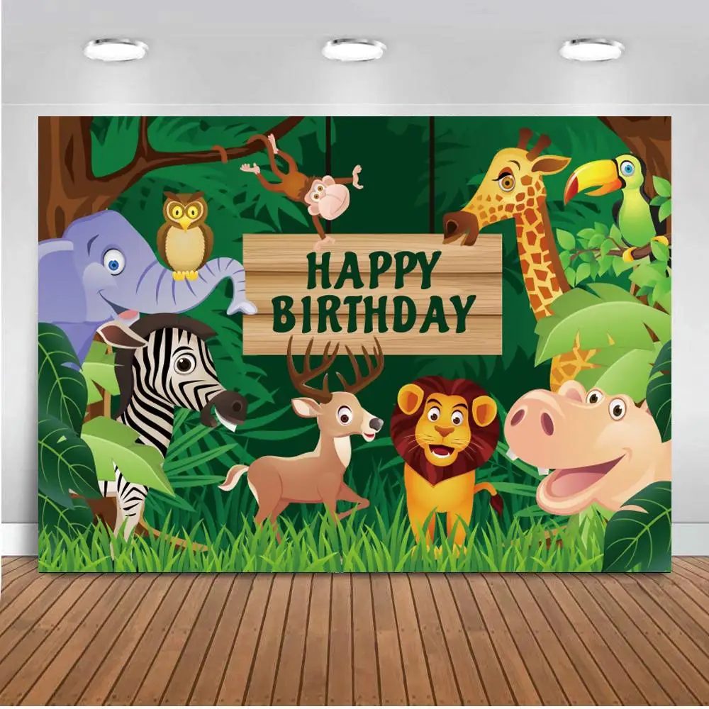 

Jungle Forest Safari Party Backdrop Vinyl Newborn Kids Birthday Wild Cartoon Animal Lion Monkey Photography Background Customize