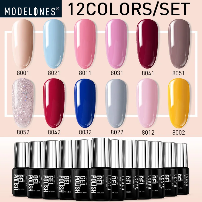 

Modelones 12Pcs/Lot Nail Gel Set Soak Off Base Top Nail Polish Long Lasting Pink Color Series UV Nail Art Gel Varnish Kits