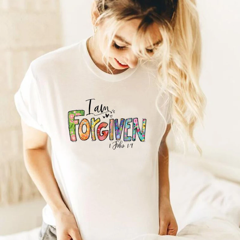 Я прощаю я Джон 1:9 Вдохновляющие футболки с текстом Библии хлопковая футболка