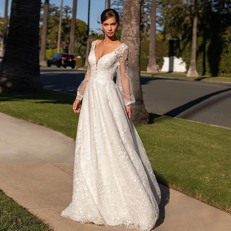 

Weilinsha, свадебные платья с V-образным вырезом и длинным рукавом, белые кружевные платья с аппликациями, свадебное платье для вечеринки, Robe De ...