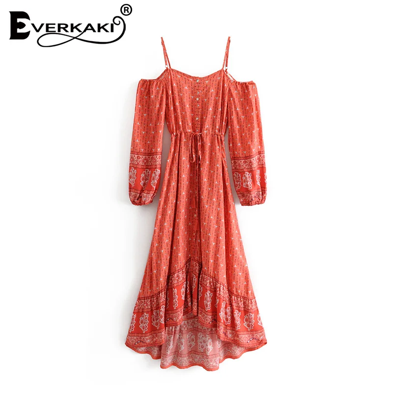 Red Everkaki Gypsy Floral Print Slip Dress Women Sashes Boho Adjustable Waist Off Shoulder Tassels Dresses Female Autumn New - Цвет: Red