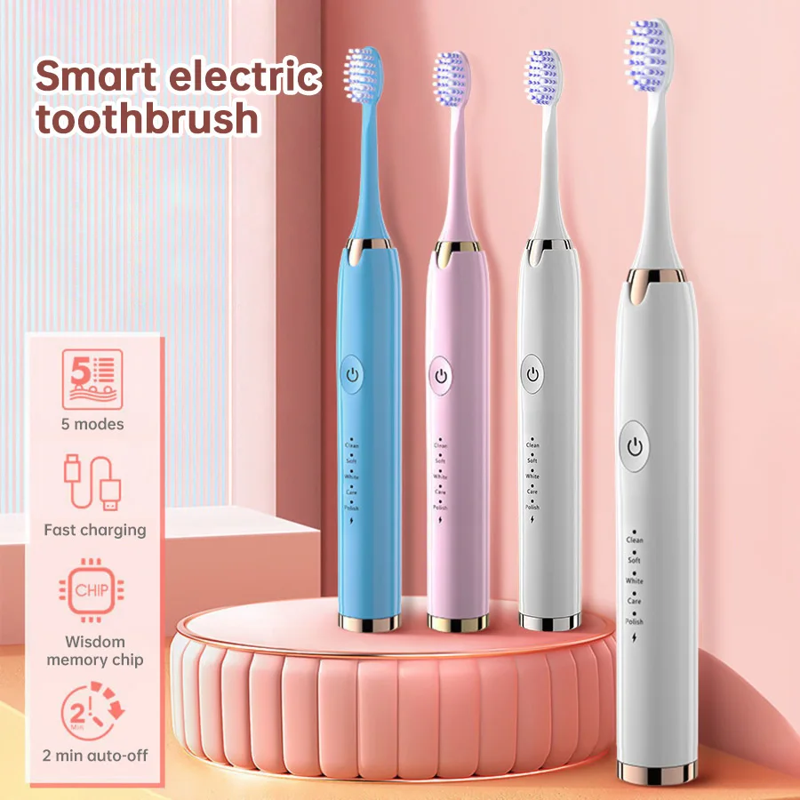 

Ultrasonic Electric Toothbrush USB Rechargeable for Adult IPX7 Waterproof Replacement Heads Whitening Teeth Timer Smart Brush