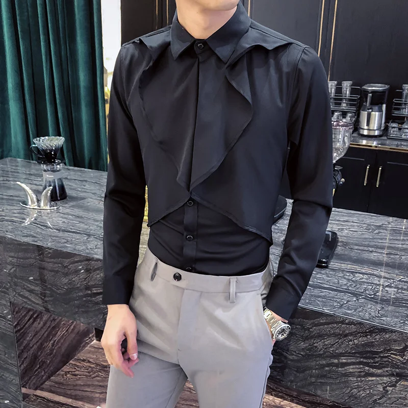 

Spring New 2021 Fashion Vintage Long Sleeve Tuxedo Shirt Men Clothing Simple All Match Slim Fit Casual Prom Dress Blouses Black