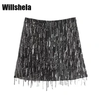 willshela women fashion sequined skort with tassel high waisted invisible zipper casual chic lady woman elegant party shorts